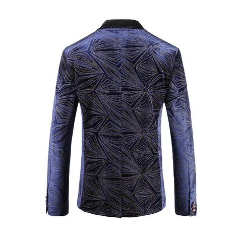 Chaqueta de Traje Ajustada para Hombre Azul Oscuro Oro Geométrico Fuegos Artificiales Estampado Solapa Chal Fiestas Esmoquin