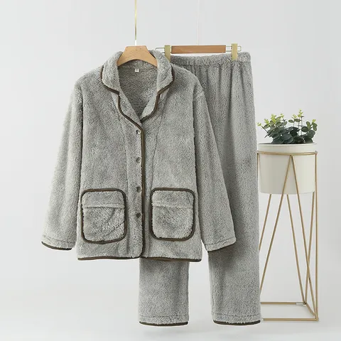 Winter Warm Verdickt Korallenfleece Paar Pyjama Set Langarm Cardigan Nachtwäsche Einfarbig Lässig Homewear Set