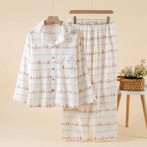 Set Pigiama Casual in Puro Cotone da Donna Top a Manica Lunga e Pantaloni Lunghi Abbigliamento da Notte Stampa Cartone Animato