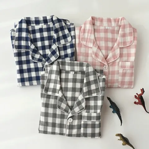 Enfants Ensemble Pyjama en Pur Coton Manches Longues Revers Carreaux Vêtements de Nuit Enfants Automne Décontracté Doux Confortable Vêtements Maison