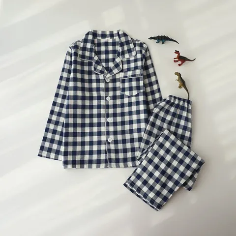 Enfants Ensemble Pyjama en Pur Coton Manches Longues Revers Carreaux Vêtements de Nuit Enfants Automne Décontracté Doux Confortable Vêtements Maison