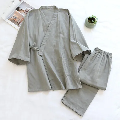 Set Pigiama da Uomo in Cotone Stile Kimono Giapponese Tinta Unita Manica Lunga Legatura Davanti Abbigliamento da Casa