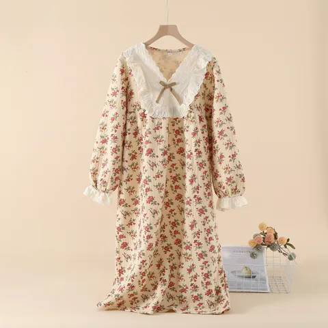 Robe de Nuit Décontractée en Coton pour Femmes à Manches Longues Floral Doux Col Rabattu Nœud Midi Vêtement de Maison