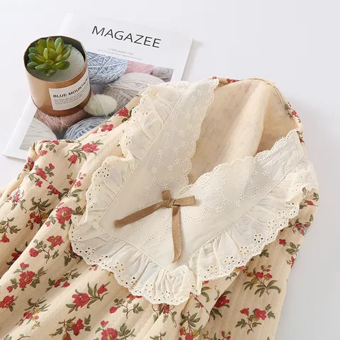 Robe de Nuit Décontractée en Coton pour Femmes à Manches Longues Floral Doux Col Rabattu Nœud Midi Vêtement de Maison