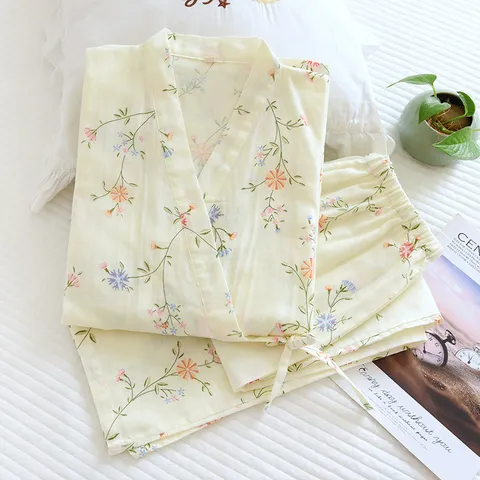 Women's 100% Cotton Kimono Pajama Set Japanese Style Floral Print Long Sleeve Top And Long Pants Sleepwear Loungewear