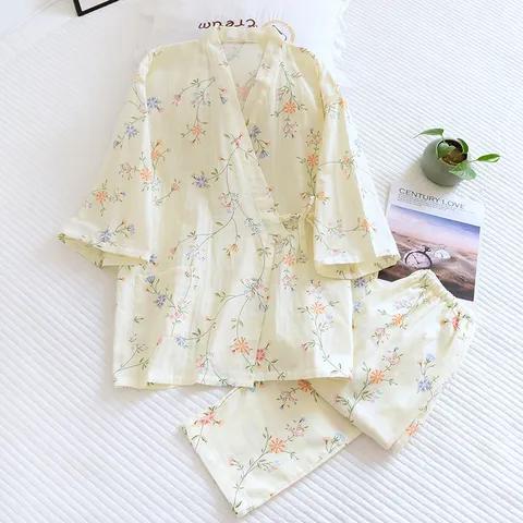 Women's 100% Cotton Kimono Pajama Set Japanese Style Floral Print Long Sleeve Top And Long Pants Sleepwear Loungewear