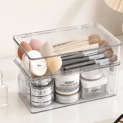 Boîte Rangement Bureau Transparente Avec Couvercle Empilable Rectangulaire Organisateur Maquillage Acrylique Boîte pour Maison Bureau