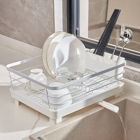 Carbon Steel Kitchen Dish Drying Rack With Drainer Tray Cutlery Holder Japanese Style Minimalist Tabletop Dish Organizer