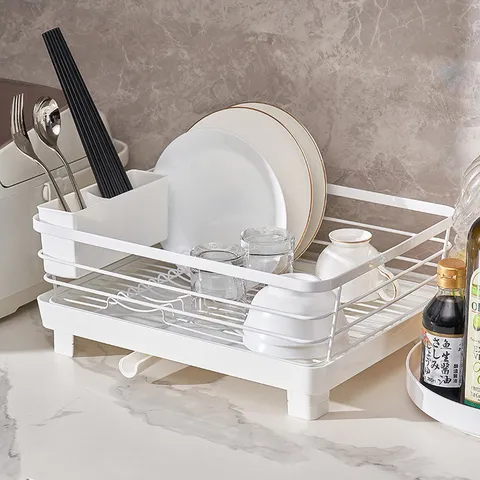 Carbon Steel Kitchen Dish Drying Rack With Drainer Tray Cutlery Holder Japanese Style Minimalist Tabletop Dish Organizer