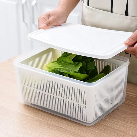 Double Layer Drain Basket Fridge Food Storage Box Plastic Refrigerator Organizer With Lid For Fruit Vegetable Meat Storage Container