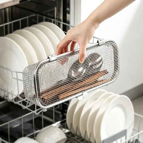 304 Stainless Steel Dishwasher Mesh Basket With Lid Cutlery Holder Chopsticks Draining Cage Kitchen Organizer Storage Basket
