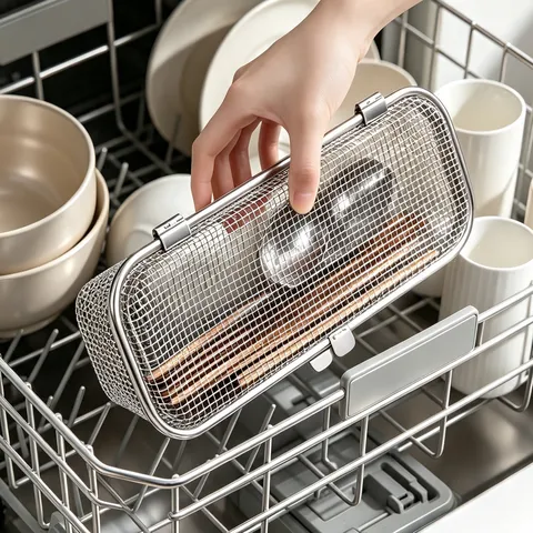304 Stainless Steel Dishwasher Mesh Basket With Lid Cutlery Holder Chopsticks Draining Cage Kitchen Organizer Storage Basket
