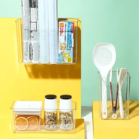 Transparent PET Cabinet Door Hanging Storage Box Punch-Free Wall-Mounted Kitchen Organizer For Seasoning Cling Film