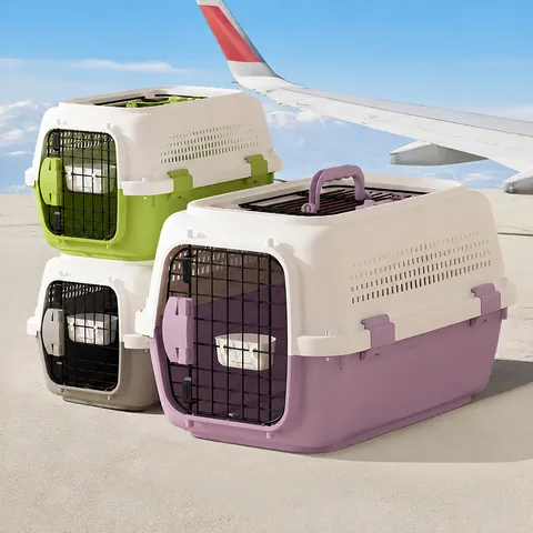 Portable Pet Airline Crate Hard Sided Dog Cat Carrier Kennel Travel Transport Box With Ventilation Windows And Feeding Bowl