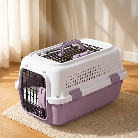 Portable Pet Airline Crate Hard Sided Dog Cat Carrier Kennel Travel Transport Box With Ventilation Windows And Feeding Bowl
