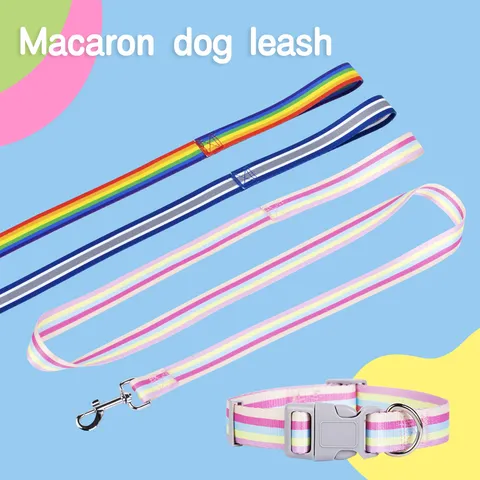 Set de Correa y Collar de Perro Ajustable de Nylon Reflectante Colorido Arco Iris Plomo de Mascota Perros Pequeños Medianos Suministros para Pasear