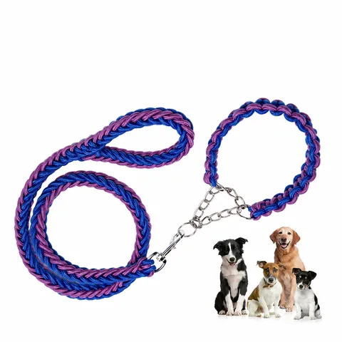 Durable Nylon Braided Dog Leash And Collar Set Heavy Duty Pet Traction Rope With Metal Chain For Medium Large Dogs