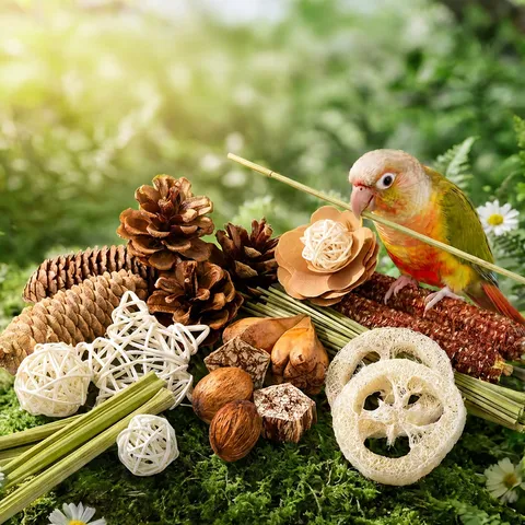 Parrot Chew Toy Set Natural Plant Grass Wood Bird Teeth Grinding Toy Boredom Relief Interactive Toy For Cockatiel