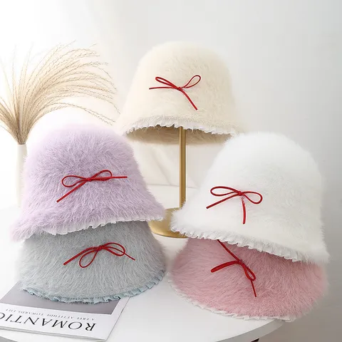 Damen Winter Warm Lammfleece Fischerhut Süße Schleife Spitzenbesatz Einfarbig Casual Mode Outdoor Basin Hut