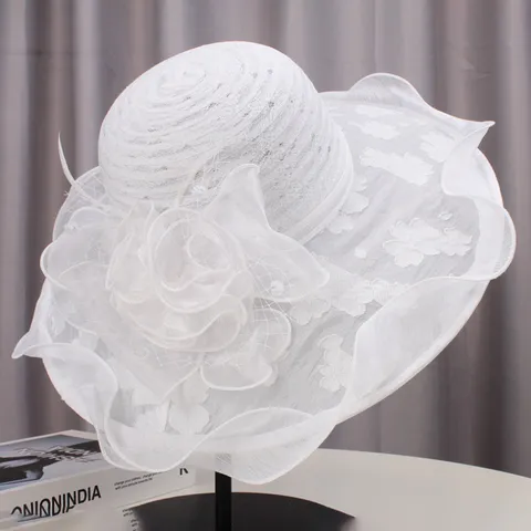 Elegant Lace Organza Sun Hat For Women Wide Brim Flower Design Beach Hat Packable Summer Sunshade Bucket Hat Accessories