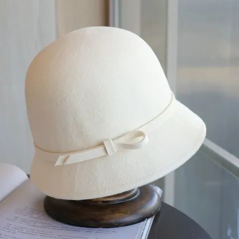 Vintage Hepburn Style Wool Felt Cloche Hat For Women Elegant French Bowknot Winter Warm Bucket Hat Autumn Basin Hat