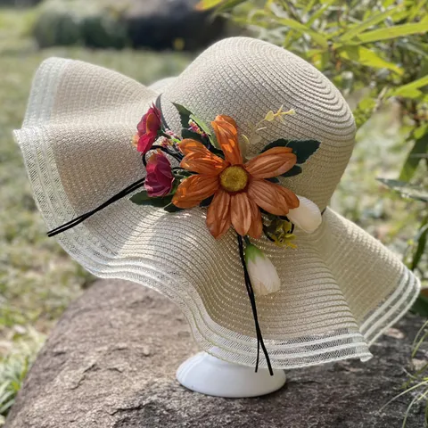 Damen Breite Krempe Strohhut Sommer Strand Sonnenhut Blumen Schleife Sonnenschutz Kappe Urlaub Reise Strohgewebe Hut