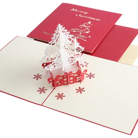 3D Pop Up Christmas Tree Greeting Card Laser Cut Hollow Xmas Cards With Envelope For Holiday Festival Blessing Gift