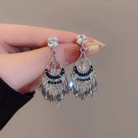 Bohemian Retro Crystal Water Drop Tassel Earrings Alloy Rhinestone Dangle Earrings Ethnic Jewelry For Women