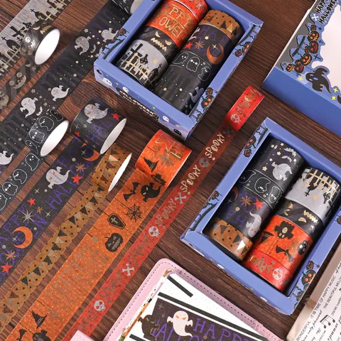 Halloween Washi Tape Set Goudfolie Stempelen Geest Vleermuis Pompoen Decoratieve Plakband Voor Journaling DIY
