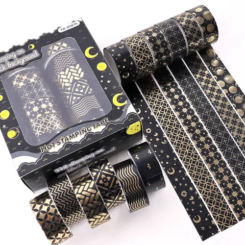 Washi Tape Set Black Gold Foil Starry Sky Decorative Masking Tape For Journaling Scrapbooking DIY Craft Supplies