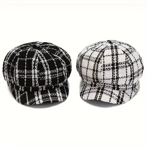 Boina Retro de Cuadros para Mujer de Algodón Gorra Octogonal Casual Otoño Invierno Cálido Sombrero de Pintor Sombrerería de Moda Clásica