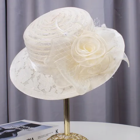 Chapeau Plat en Dentelle Florale Vintage Britannique Été pour Femmes Mode