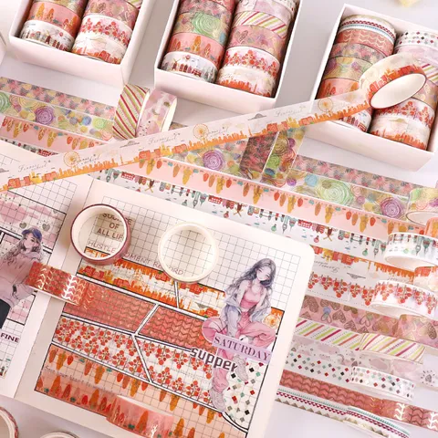 Washi Tape Set Decorative Floral Hot Stamping Gold Journaling Craft Adhesive Tape Boxed For Scrapbooking DIY Art Supplies