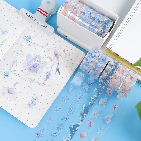 Ocean Theme PET Transparent Washi Tape Set Decorative Aesthetic Scrapbook Journaling Stationery Sticker Rolls For Crafting