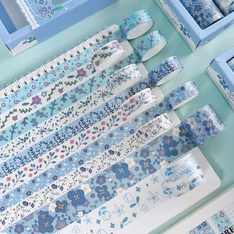 Cute Blue Floral Washi Tape Set Decorative Masking Tapes For Journaling Scrapbooking DIY Craft Planner Stationery