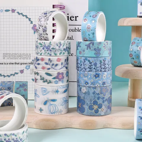 Cute Blue Floral Washi Tape Set Decorative Masking Tapes For Journaling Scrapbooking DIY Craft Planner Stationery