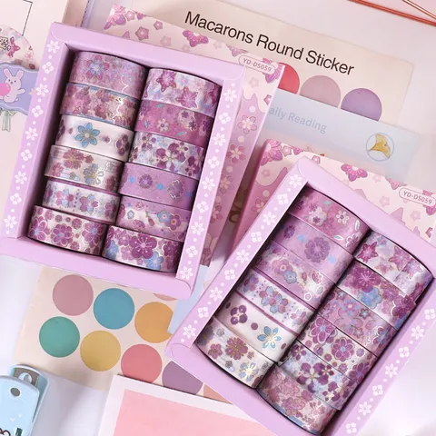 Romantic Cherry Blossom Washi Tape Set Gold Stamping Decorative Adhesive Tape For Journal DIY Scrapbook School Supplies