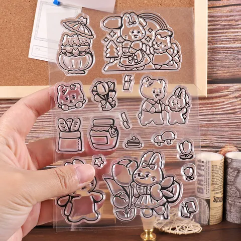 Transparent PVC Cartoon Bear Pattern Stamp DIY Decorative Scrapbook Diary Journaling Stamp Office School Supplies