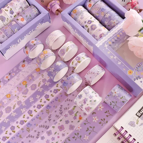 Purple Floral Washi Tape Set Hot Stamping Decorative Adhesive Tape For Journaling DIY Craft Scrapbook Stationery