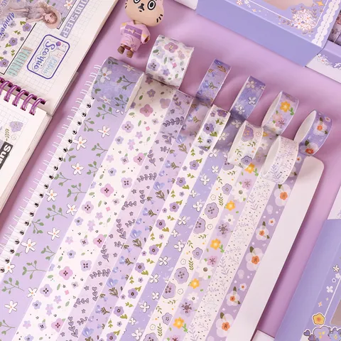 Purple Floral Washi Tape Set Hot Stamping Decorative Adhesive Tape For Journaling DIY Craft Scrapbook Stationery