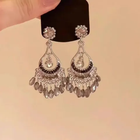 Bohemian Retro Crystal Water Drop Tassel Earrings Alloy Rhinestone Dangle Earrings Ethnic Jewelry For Women
