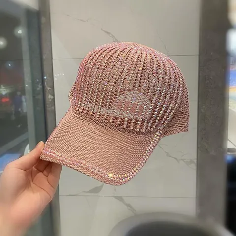 Casquette de Baseball Ajourée en Tricot Strass Fait Main Été Femme Chapeau de Soleil