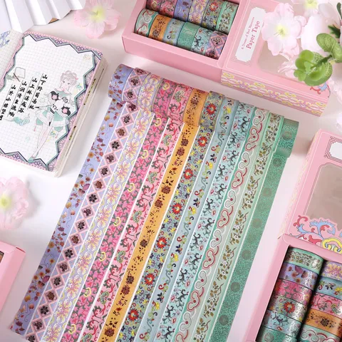 Traditioneel Chinese Bloemen Washi Tape Set Goudfolie Decoratieve Scrapbook Tape DIY Ambacht Dagboek Stickers