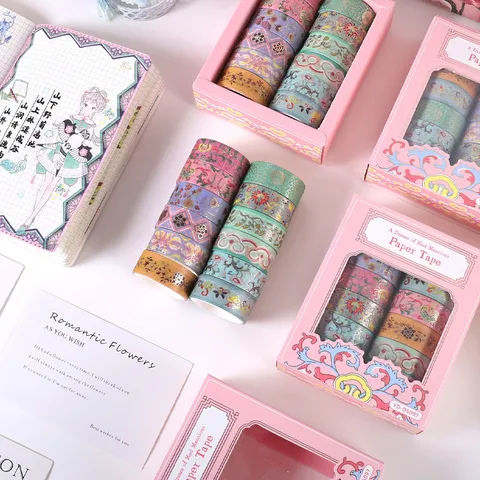Traditioneel Chinese Bloemen Washi Tape Set Goudfolie Decoratieve Scrapbook Tape DIY Ambacht Dagboek Stickers