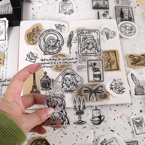 Vintage PVC Transparent Stamp Sticker Set Floral Butterfly Scenery Figure Journal Scrapbook DIY Material Pack