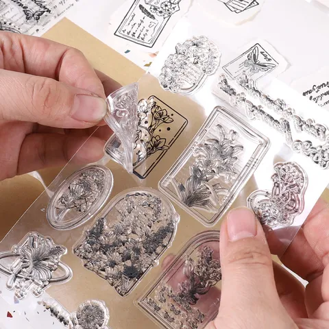 Vintage PVC Transparent Stamp Sticker Set Floral Butterfly Scenery Figure Journal Scrapbook DIY Material Pack