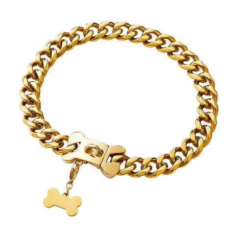 Stainless Steel Dog Collar Heavy Duty Cuban Link Pet Chain With Bone Buckle Gold Silver Black Rose Gold For Medium Large Dogs