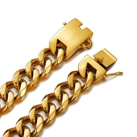 Heavy Duty Stainless Steel Dog Collar Metal Cuban Link Chain With Safety Buckle And Bone Tag For Large Dogs