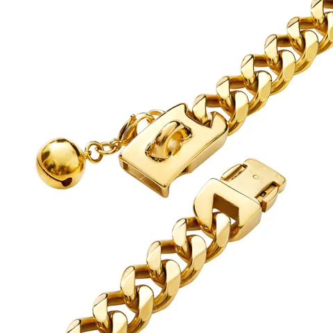 Heavy Duty Stainless Steel Dog Chain Collar Wide Metal Curb Chain Pet Training Collar With Secure Buckle For Large Dogs Gold Black
