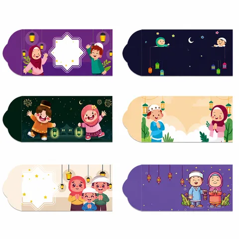 6Pcs Eid Mubarak Red Envelopes Islamic Ramadan Kareem Lucky Money Packets Gold Stamping Moon Lantern White Cardboard Gift Bag